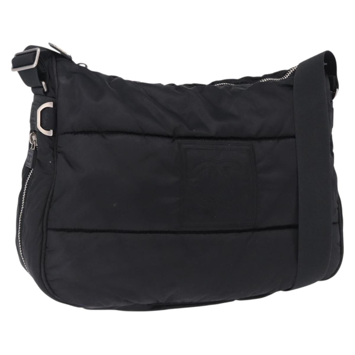 CHANEL Sports Line Shoulder Bag Nylon Black Silver CC Auth bs36495