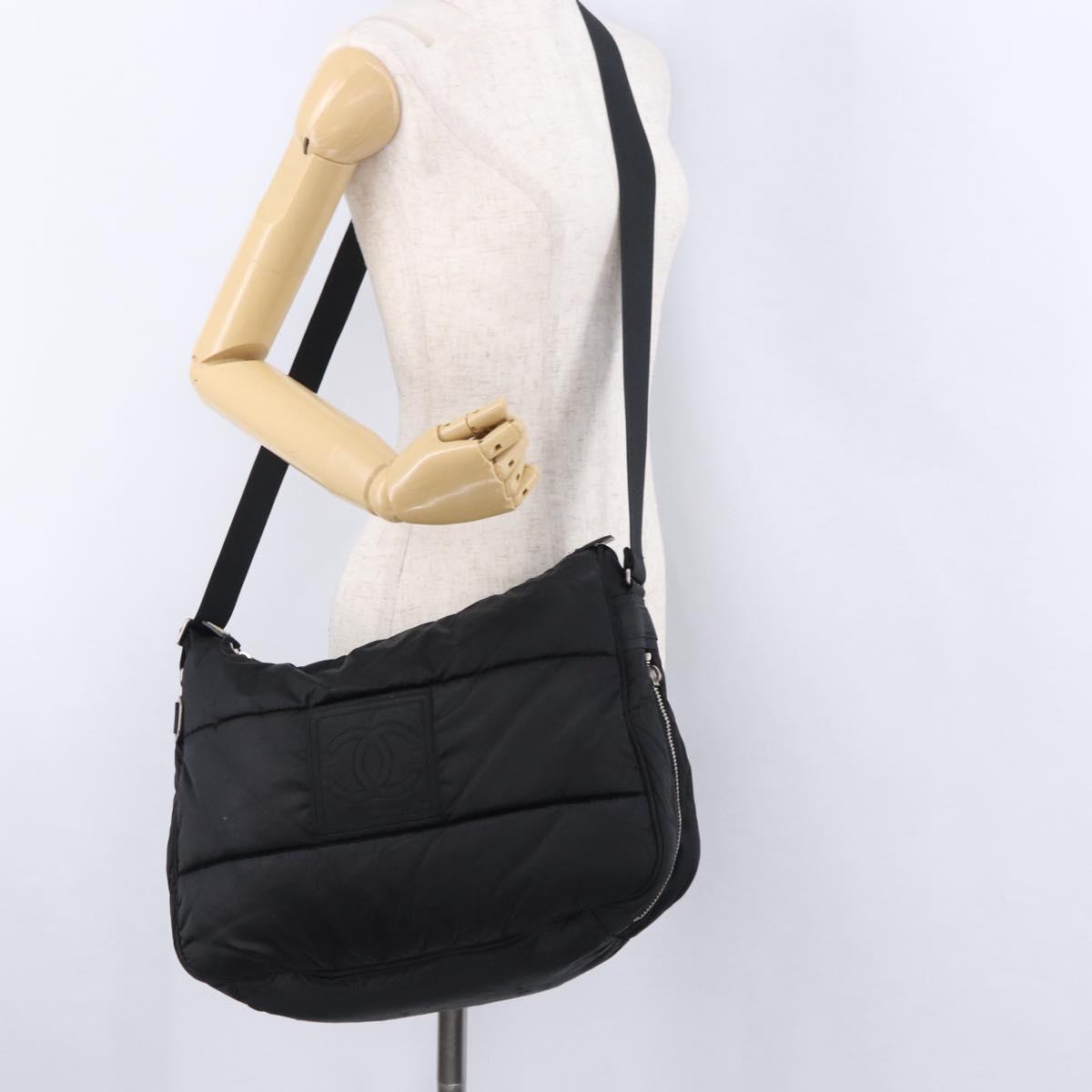 CHANEL Sports Line Shoulder Bag Nylon Black Silver CC Auth bs36495