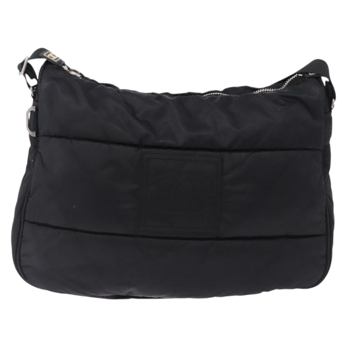 CHANEL Sports Line Shoulder Bag Nylon Black Silver CC Auth bs36495