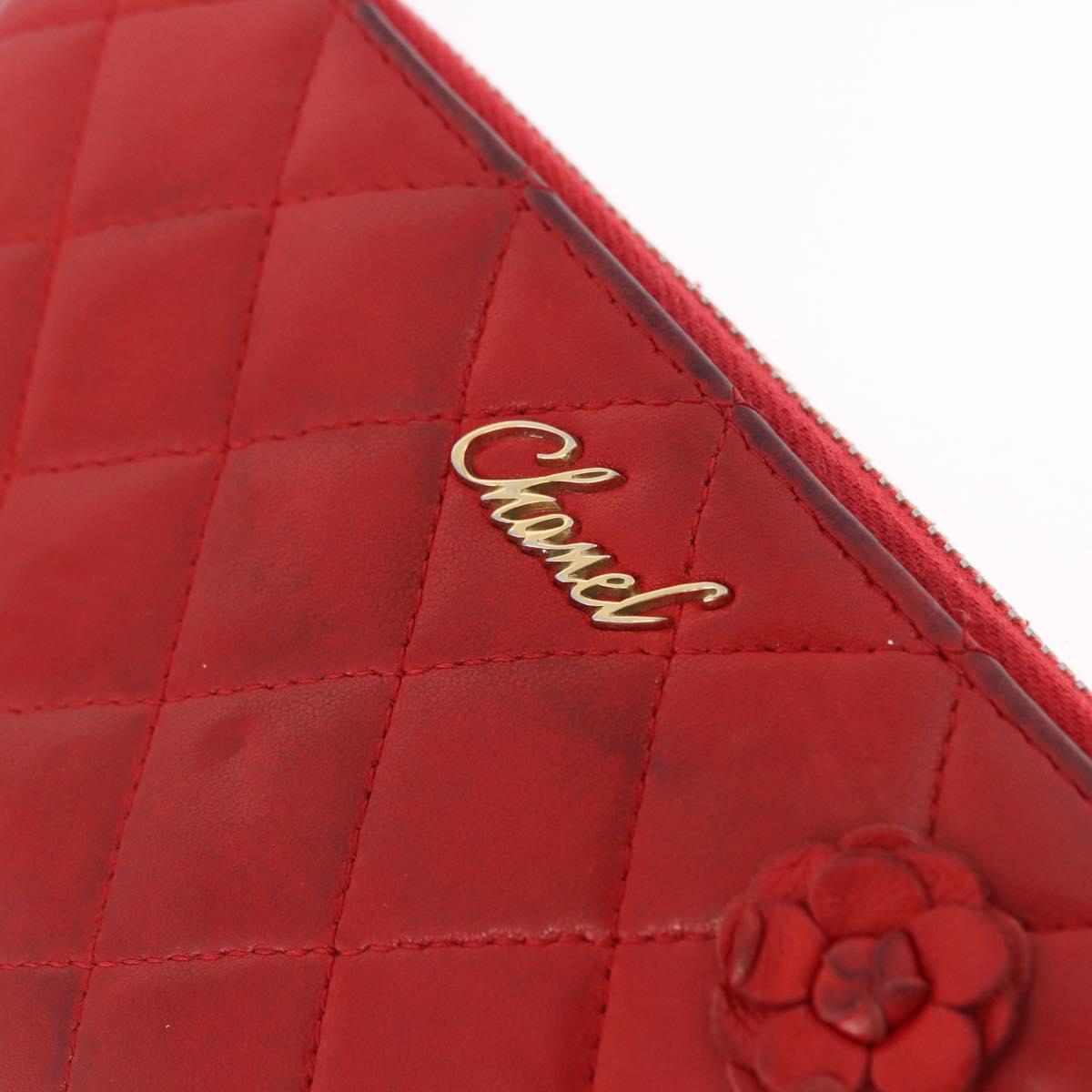 CHANEL Matelasse Camelia Long Wallet Lamb Skin Red Gold CC Auth bs36502