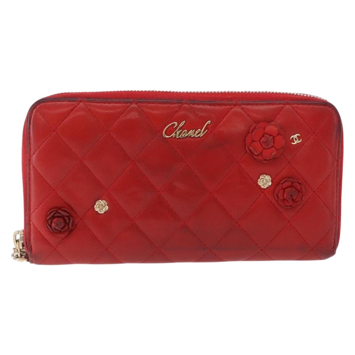 CHANEL Matelasse Camelia Long Wallet Lamb Skin Red Gold CC Auth bs36502