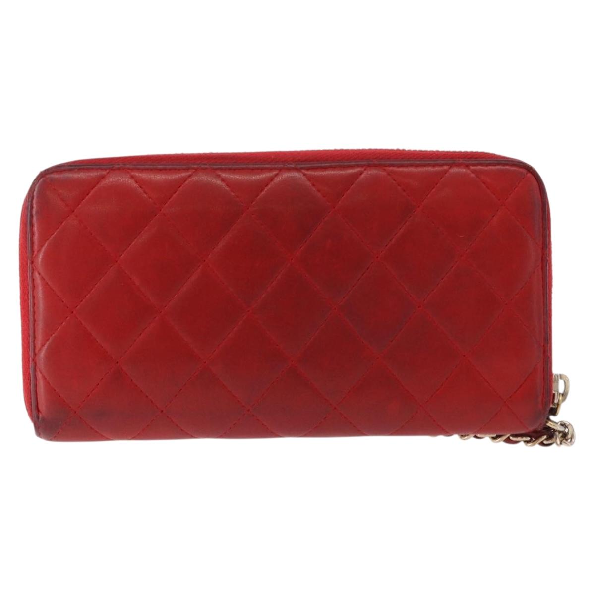 CHANEL Matelasse Camelia Long Wallet Lamb Skin Red Gold CC Auth bs36502