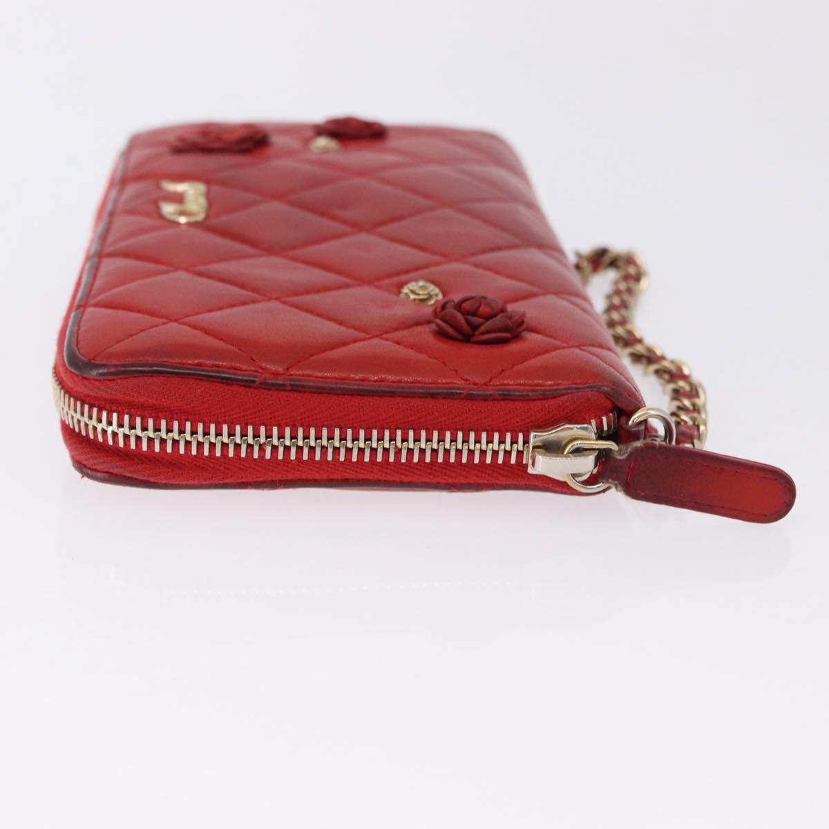 CHANEL Matelasse Camelia Long Wallet Lamb Skin Red Gold CC Auth bs36502