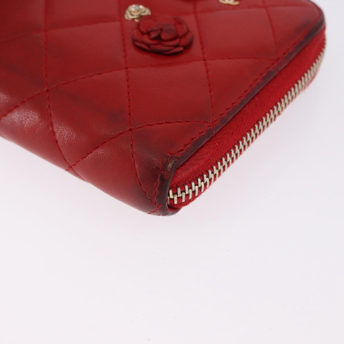CHANEL Matelasse Camelia Long Wallet Lamb Skin Red Gold CC Auth bs36502