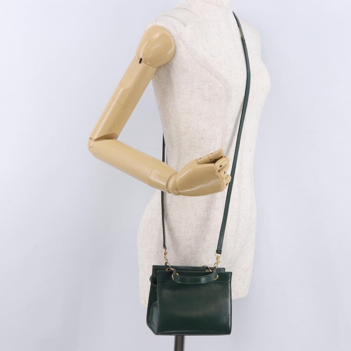 CELINE Hand Bag Leather 2way Green Gold Auth bs36506