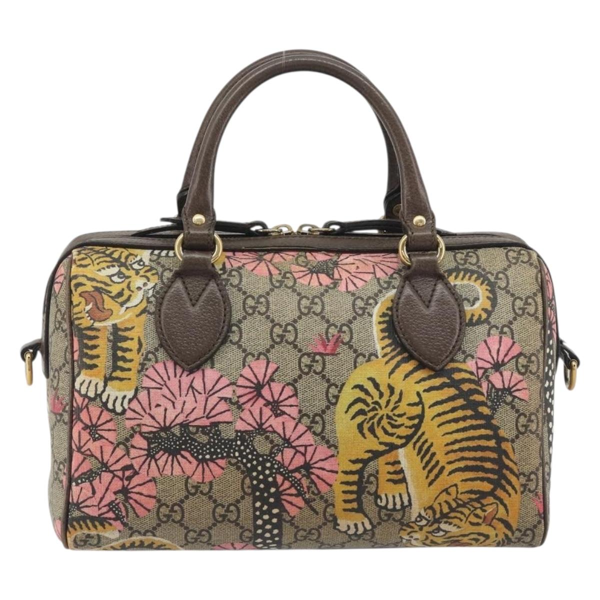 GUCCI GG Supreme Hand Bag PVC Leather Beige Gold Tone 409529 Auth bs36521