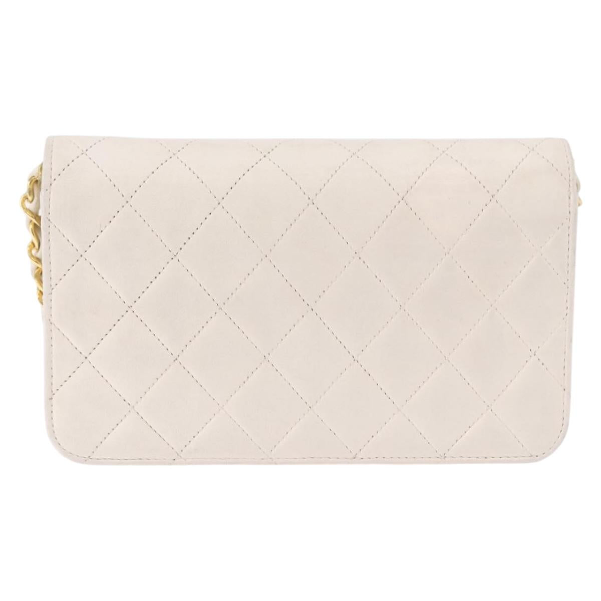 CHANEL Matelasse Chain Shoulder Bag Lamb Skin White Gold CC Auth bs36522