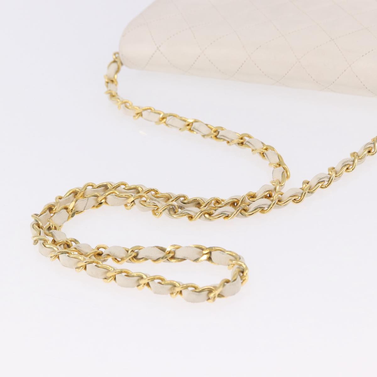 CHANEL Matelasse Chain Shoulder Bag Lamb Skin White Gold CC Auth bs36522