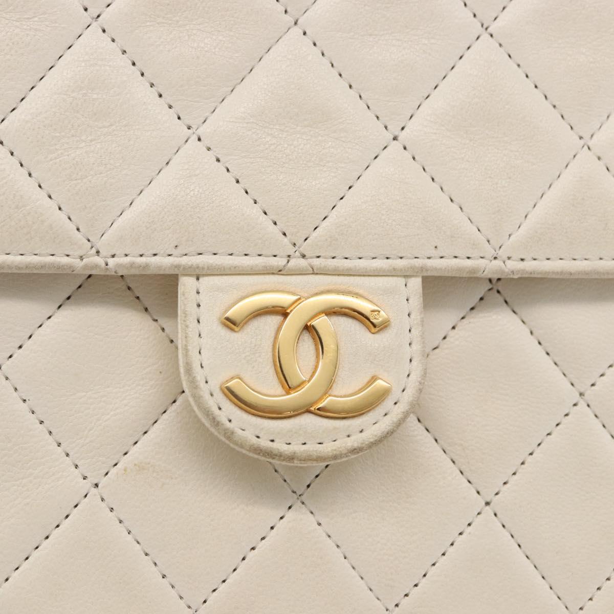 CHANEL Matelasse Chain Shoulder Bag Lamb Skin White Gold CC Auth bs36523