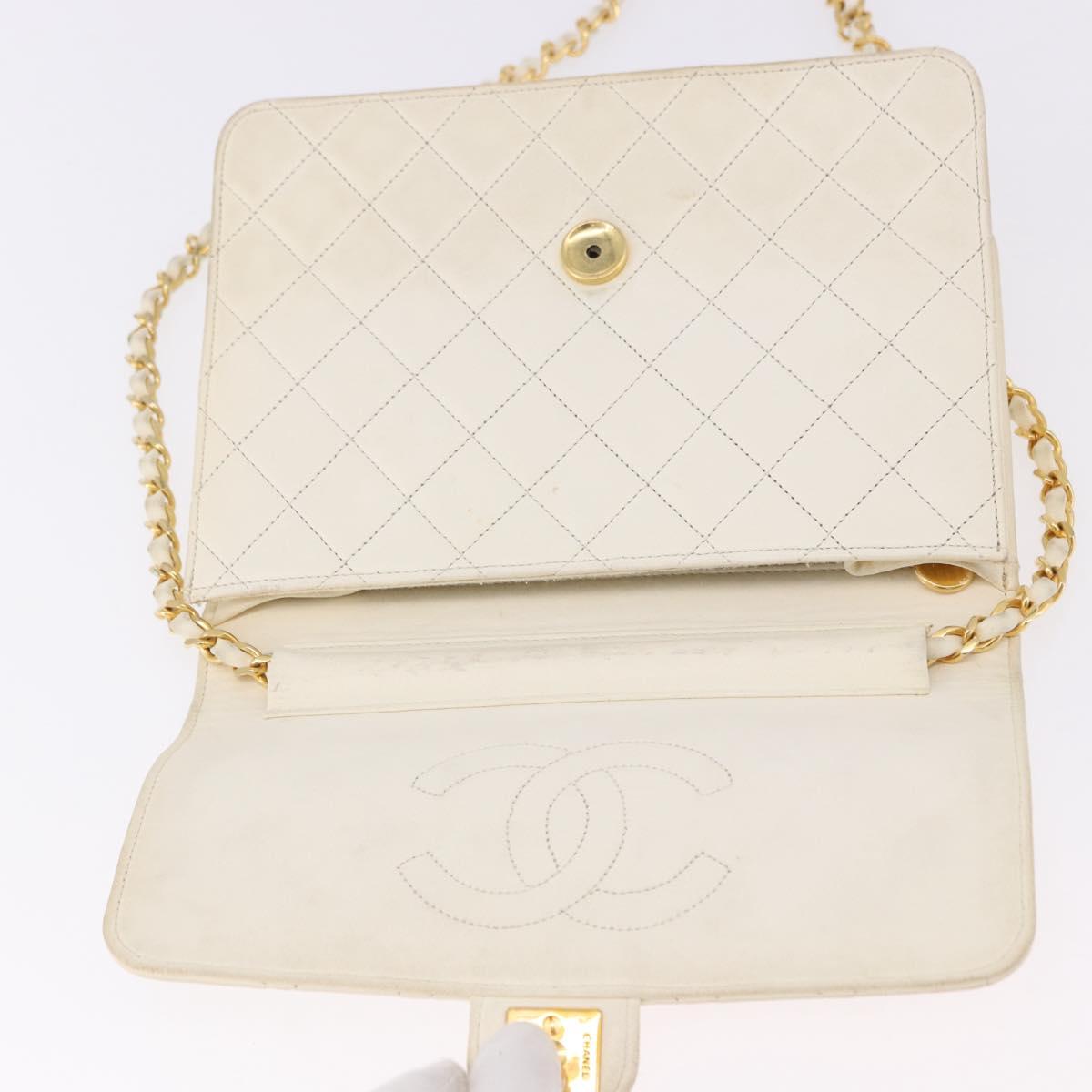 CHANEL Matelasse Chain Shoulder Bag Lamb Skin White Gold CC Auth bs36523