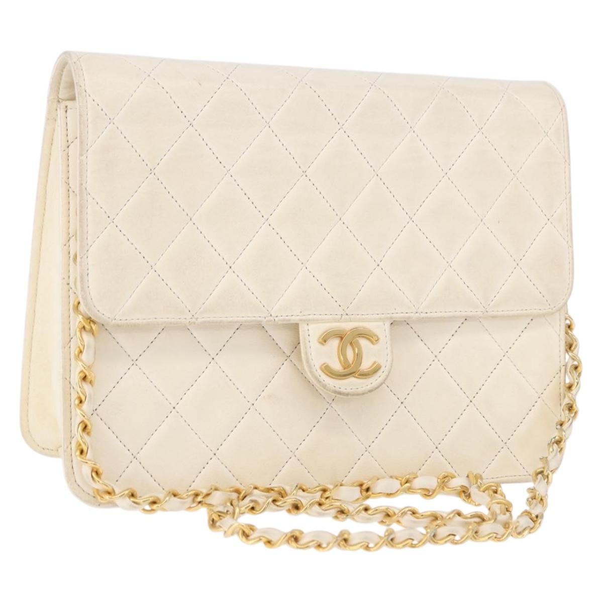 CHANEL Matelasse Chain Shoulder Bag Lamb Skin White Gold CC Auth bs36523