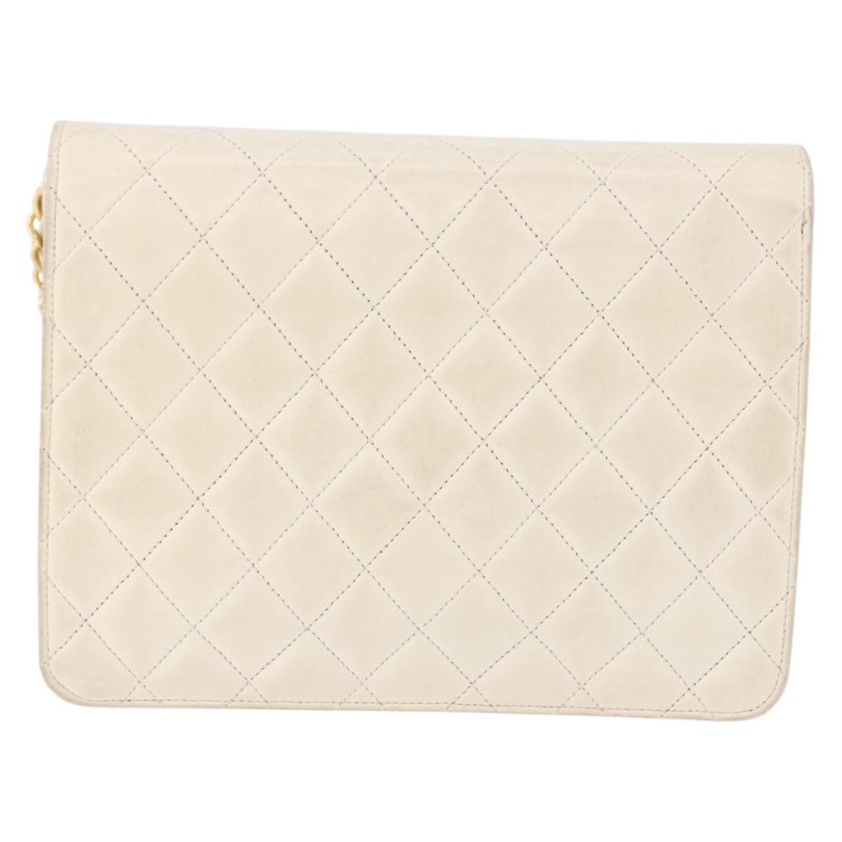 CHANEL Matelasse Chain Shoulder Bag Lamb Skin White Gold CC Auth bs36523
