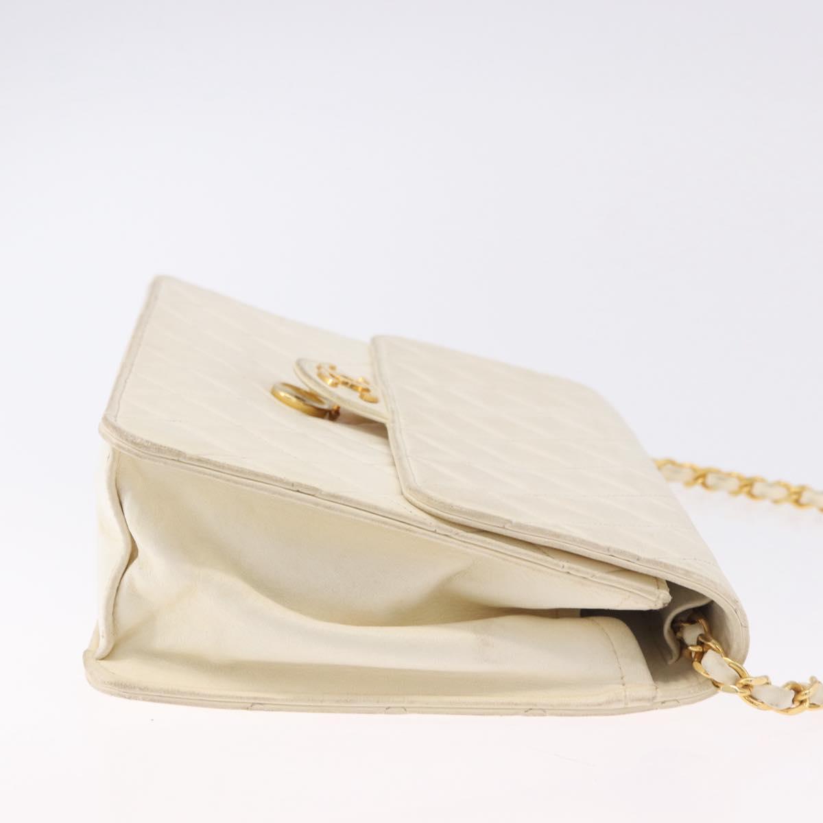 CHANEL Matelasse Chain Shoulder Bag Lamb Skin White Gold CC Auth bs36523
