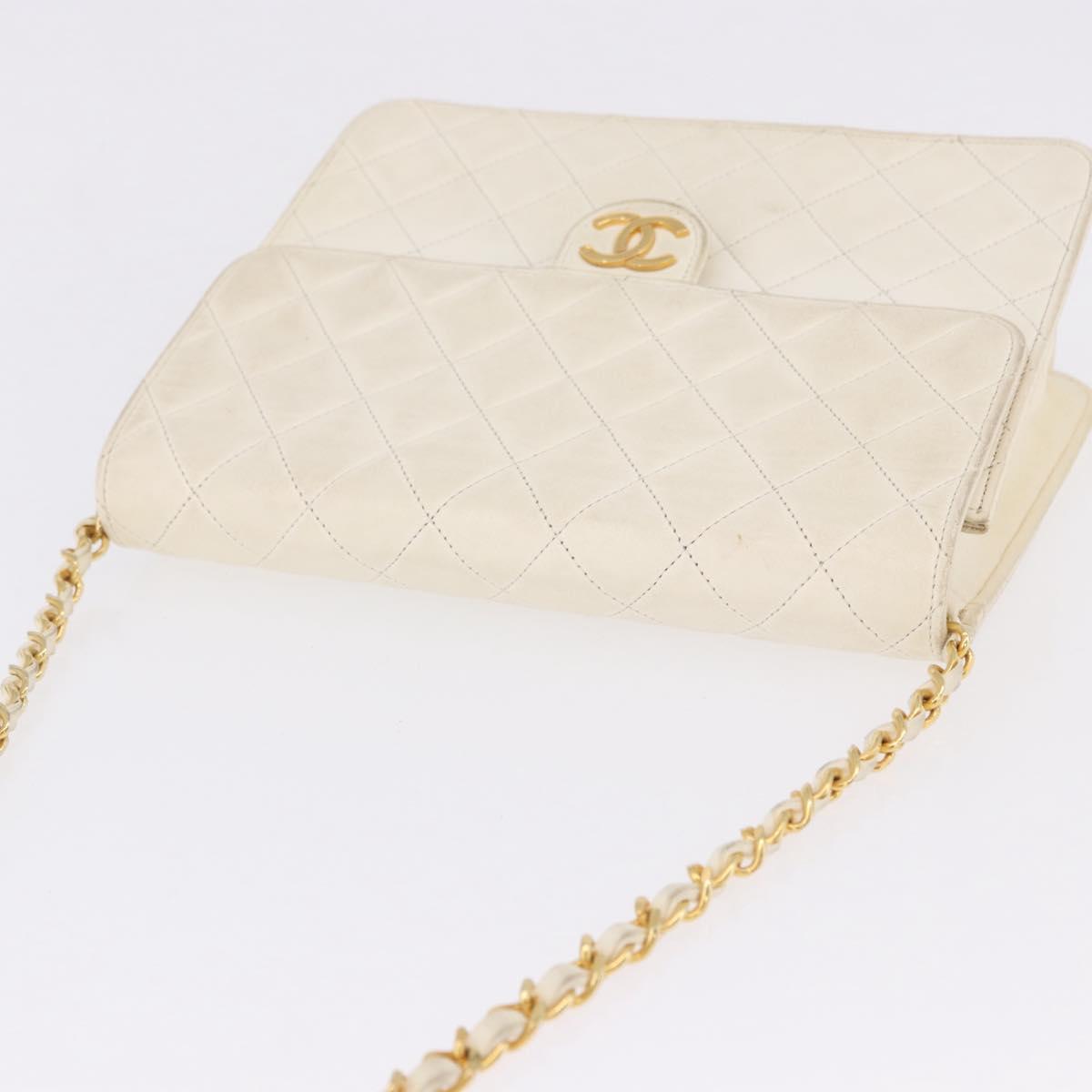 CHANEL Matelasse Chain Shoulder Bag Lamb Skin White Gold CC Auth bs36523