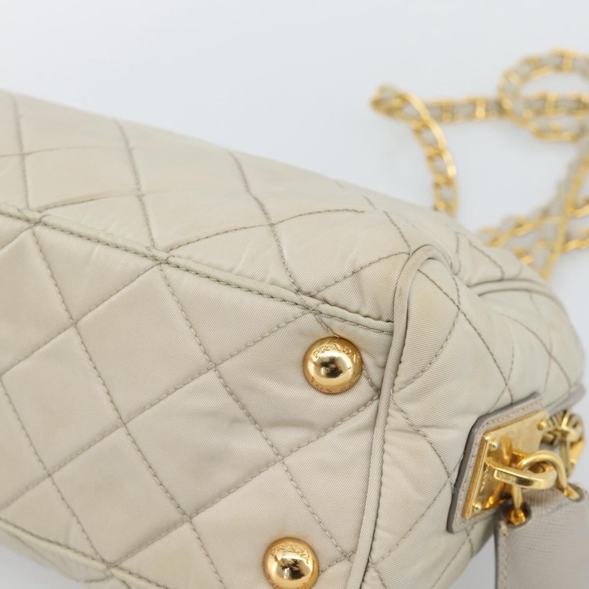 PRADA Chain Shoulder Bag Nylon Beige Gold Auth bs36530