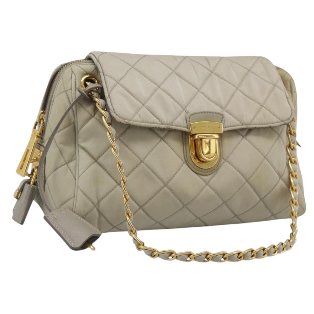 PRADA Chain Shoulder Bag Nylon Beige Gold Auth bs36530