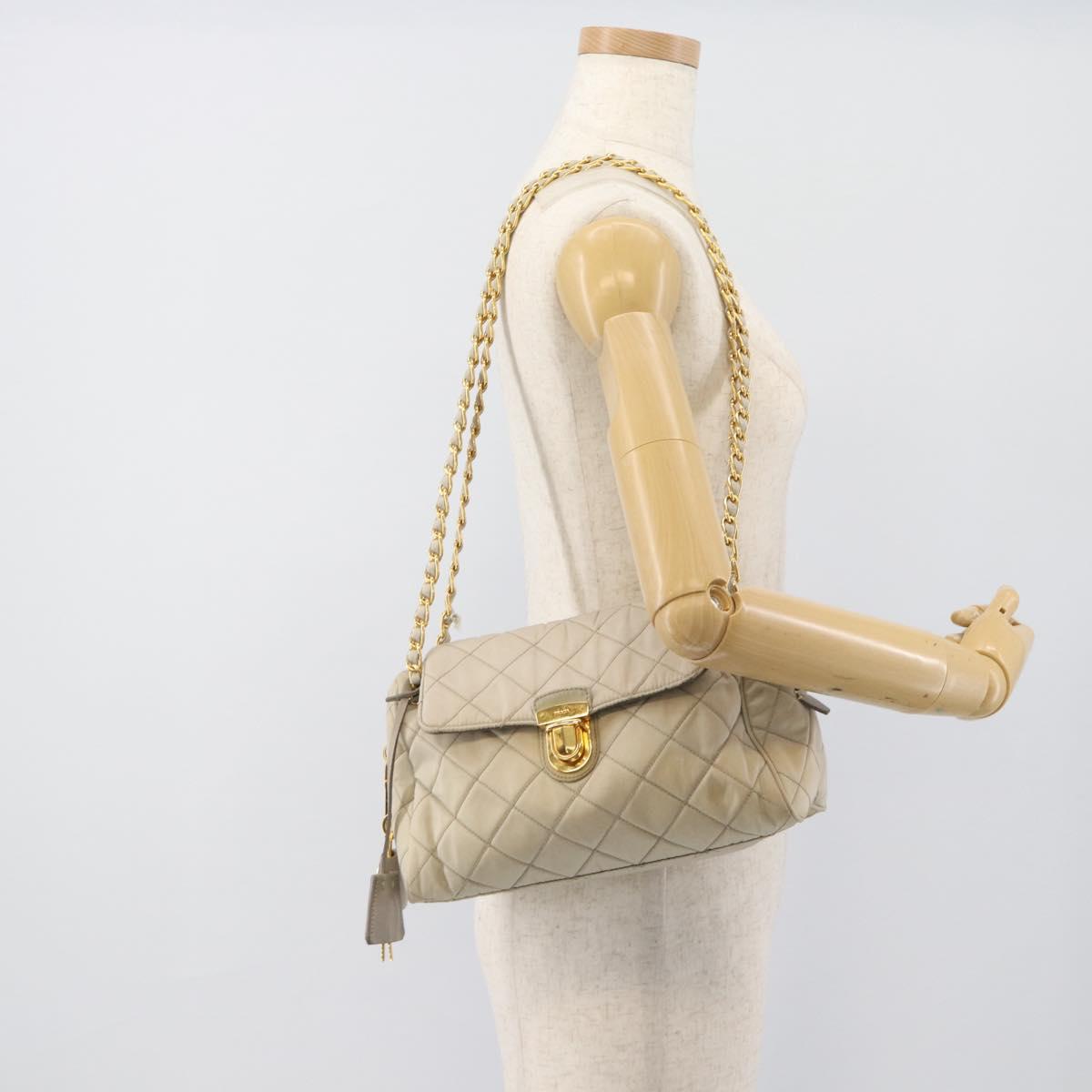 PRADA Chain Shoulder Bag Nylon Beige Gold Auth bs36530