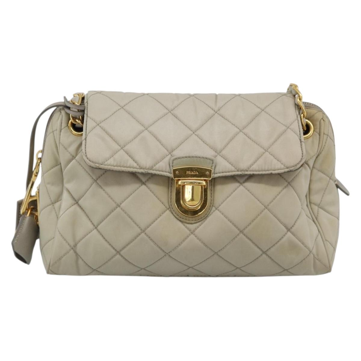 PRADA Chain Shoulder Bag Nylon Beige Gold Auth bs36530