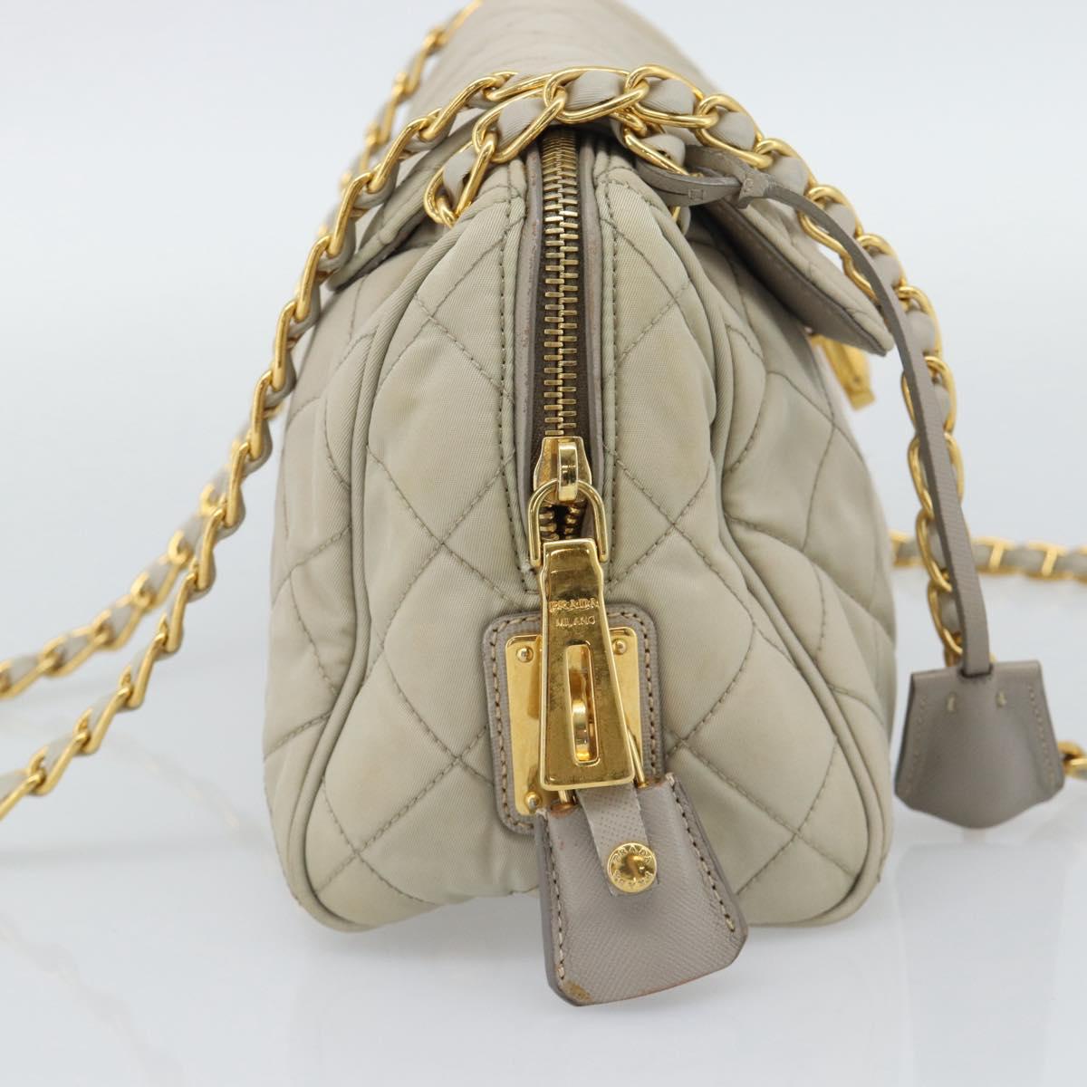 PRADA Chain Shoulder Bag Nylon Beige Gold Auth bs36530