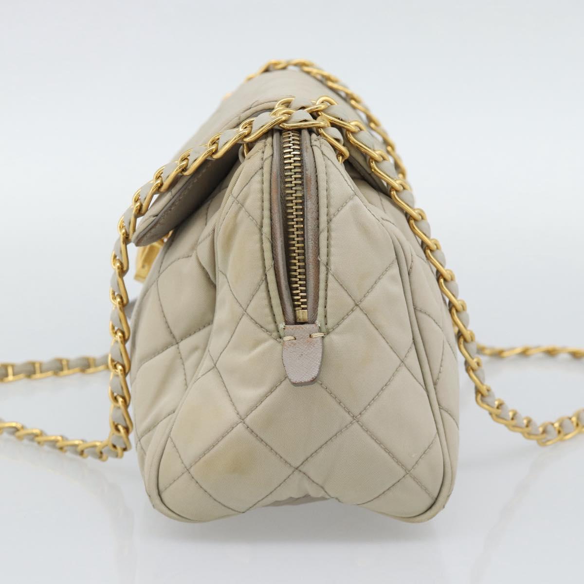 PRADA Chain Shoulder Bag Nylon Beige Gold Auth bs36530
