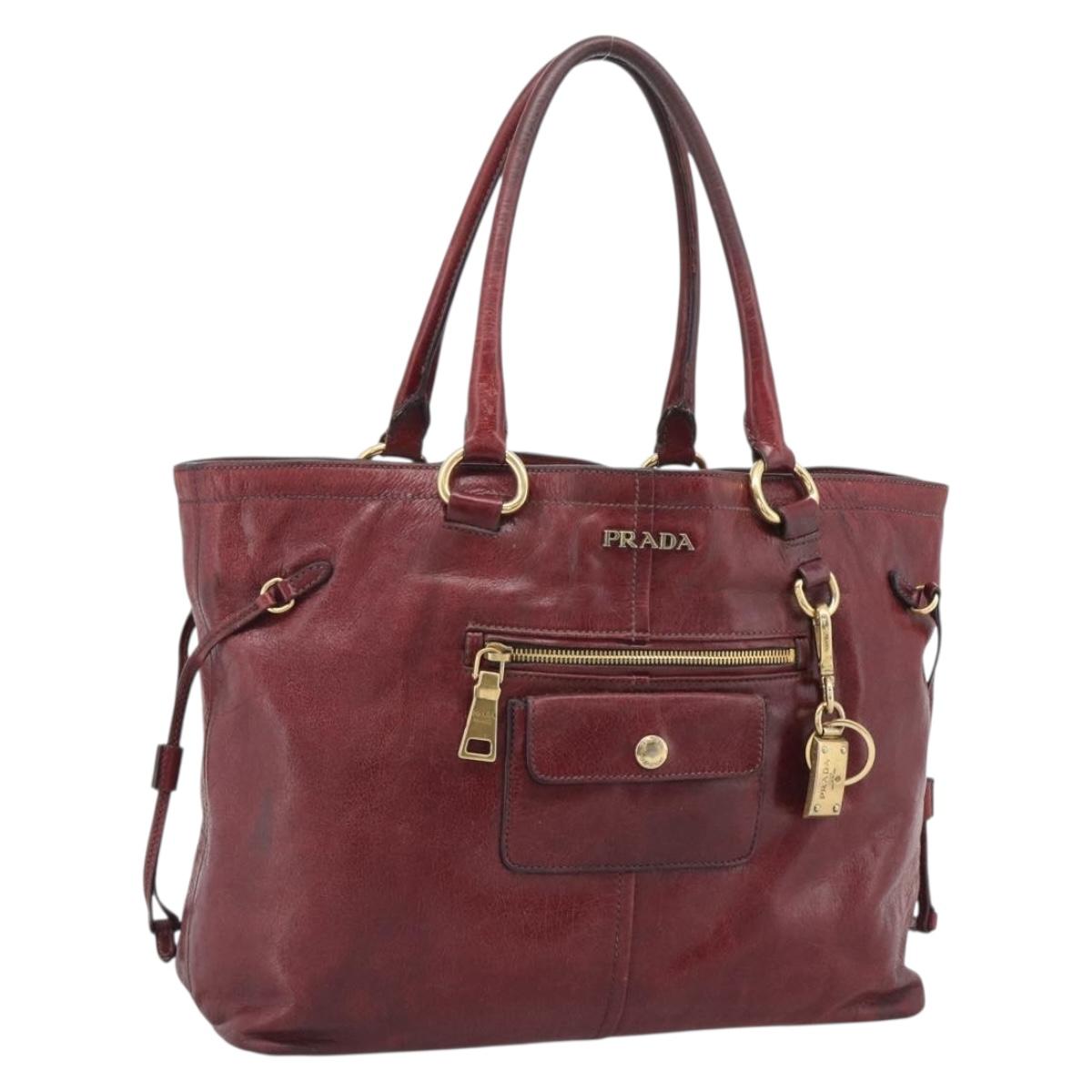 PRADA Hand Bag Leather Red Gold Auth bs36531