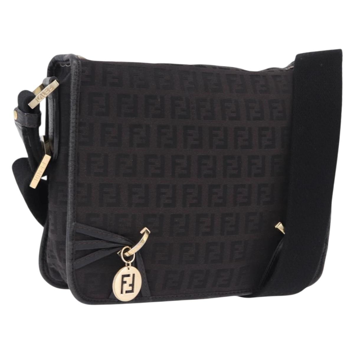 FENDI Zucchino Canvas Shoulder Bag Black Gold Auth bs36538