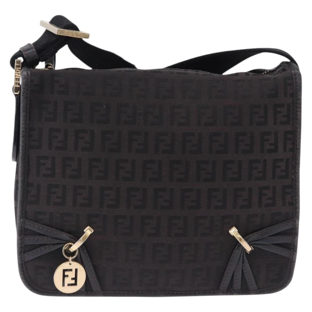 FENDI Zucchino Canvas Shoulder Bag Black Gold Auth bs36538