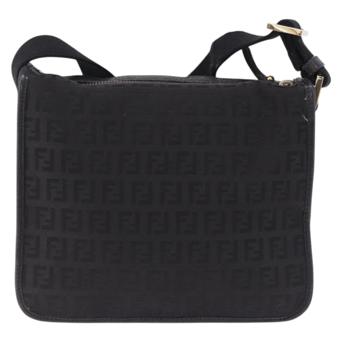 FENDI Zucchino Canvas Shoulder Bag Black Gold Auth bs36538
