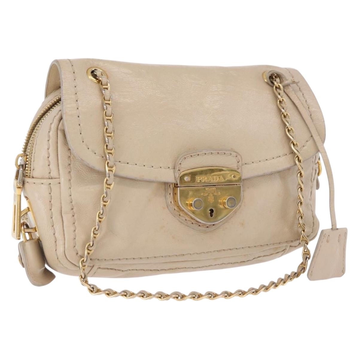 PRADA Chain Shoulder Bag Leather Beige Gold Auth bs36546