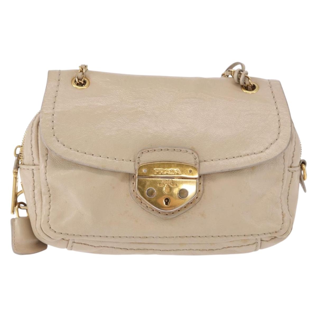 PRADA Chain Shoulder Bag Leather Beige Gold Auth bs36546