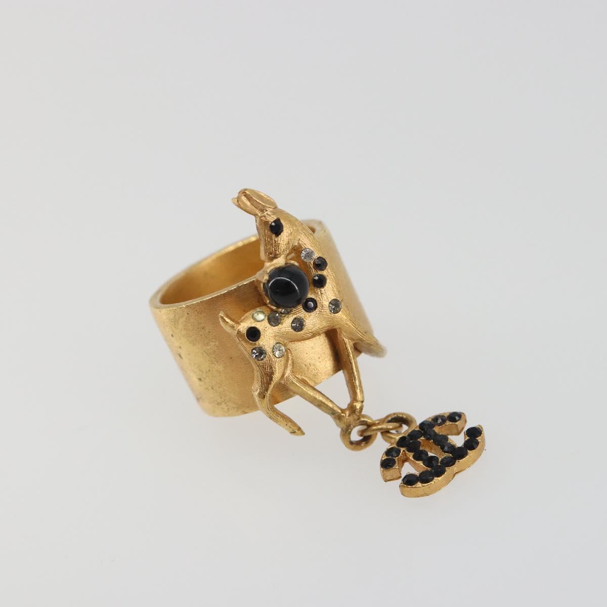 CHANEL Bambi Motif Ring Metal Gold Tone Black CC Auth bs36552