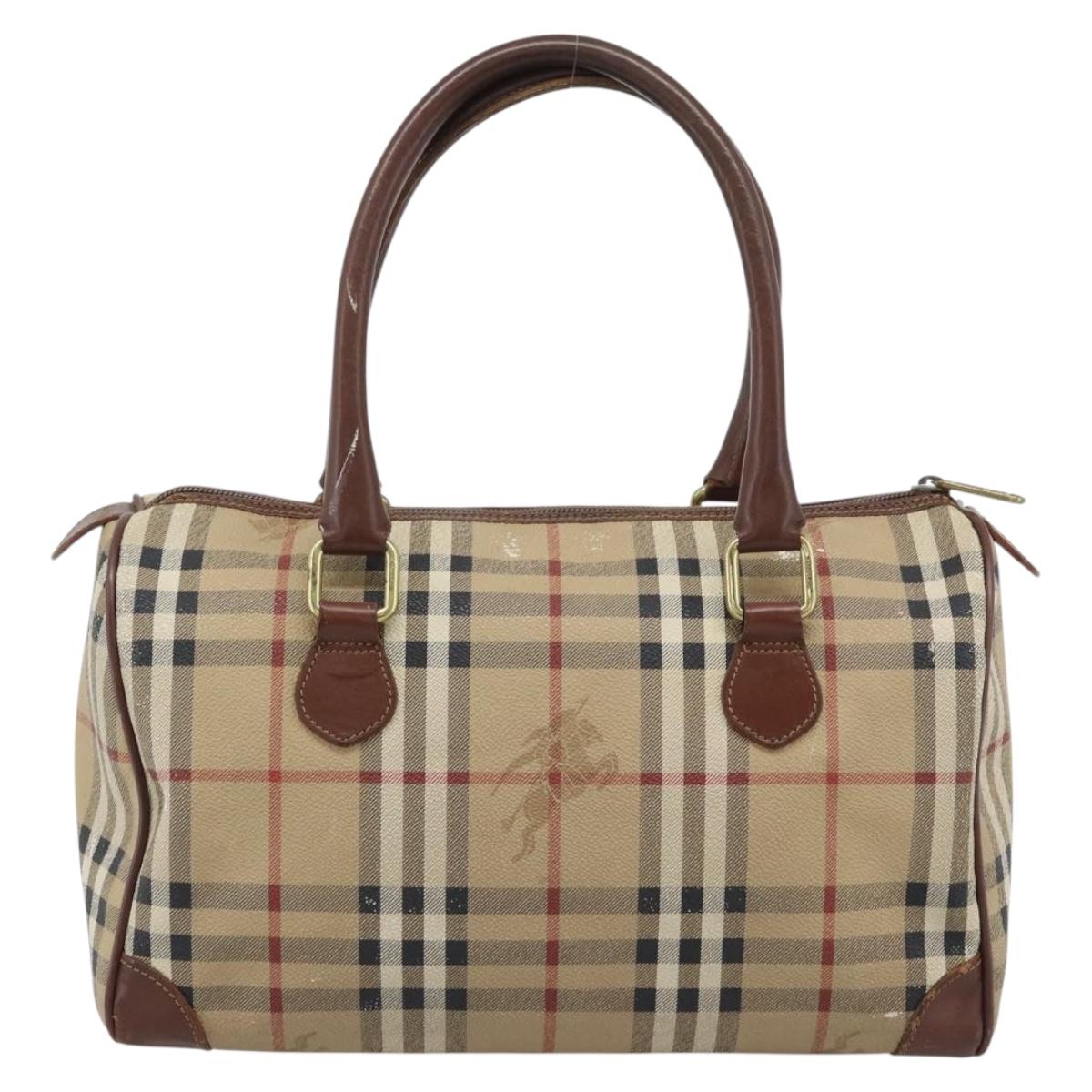 Burberrys Nova Check Hand Bag PVC Beige Gold Auth bs36592