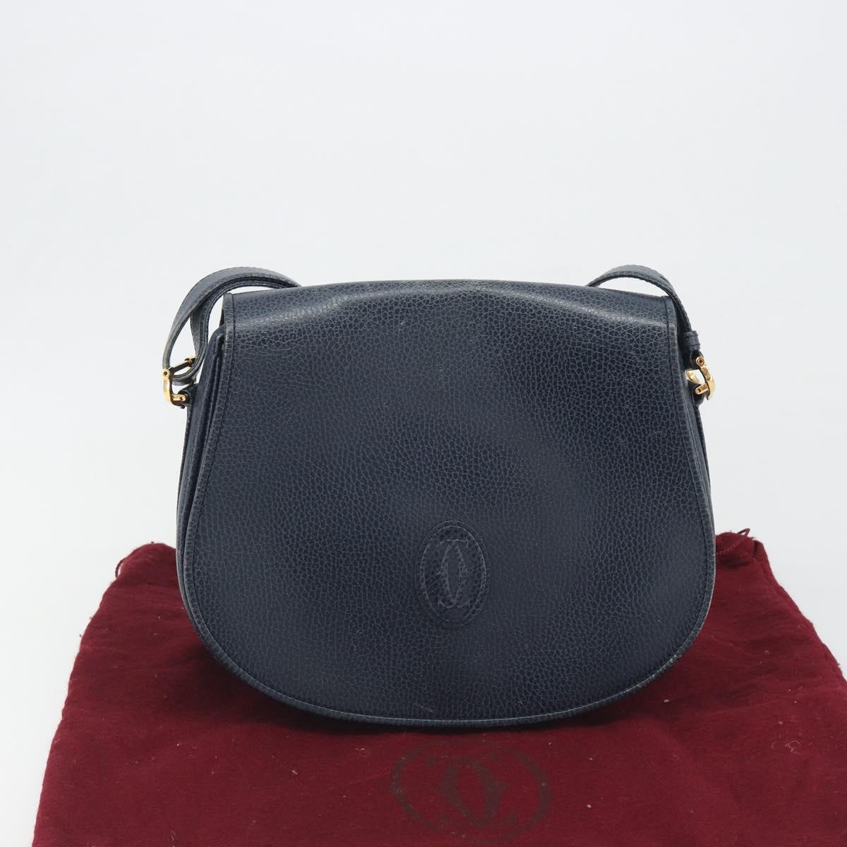 CARTIER Must Line Shoulder Bag Leather Blue Gold Auth bs36594