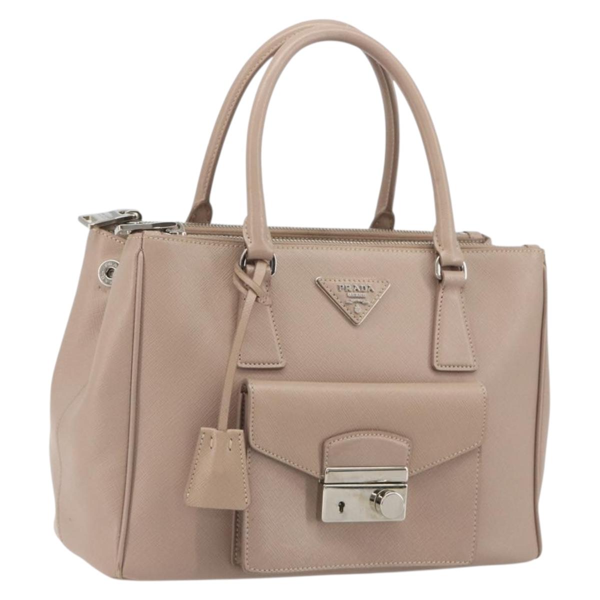 PRADA Hand Bag Saffiano leather Beige Silver Auth bs36596A