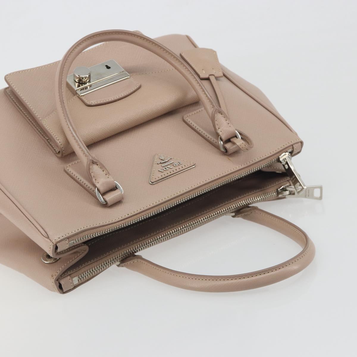 PRADA Hand Bag Saffiano leather Beige Silver Auth bs36596A