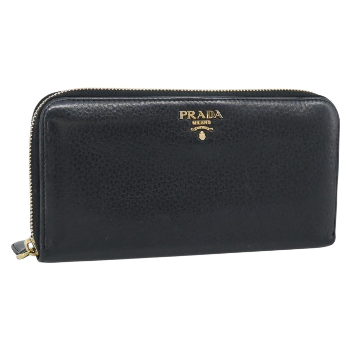 PRADA Long Wallet Leather Black Gold Auth bs36598