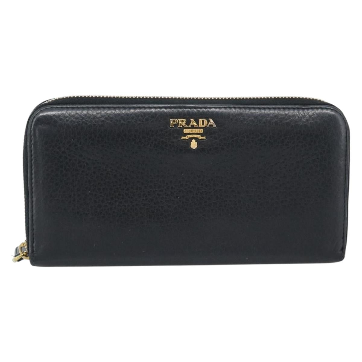 PRADA Long Wallet Leather Black Gold Auth bs36598