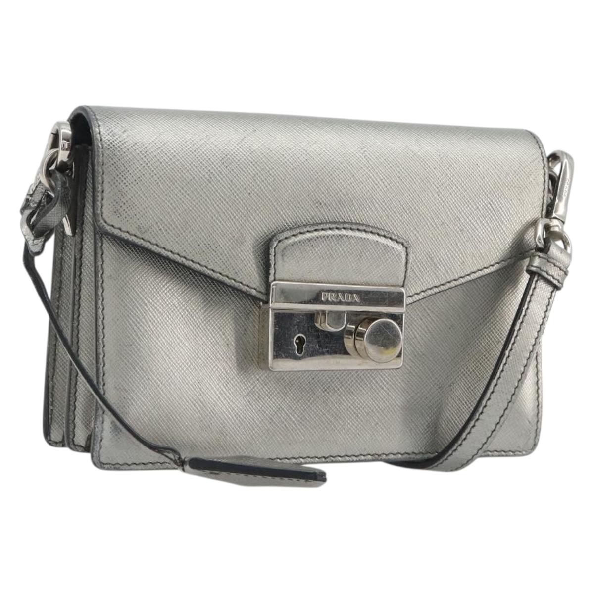 PRADA Shoulder Bag Saffiano leather Silver Auth bs36601