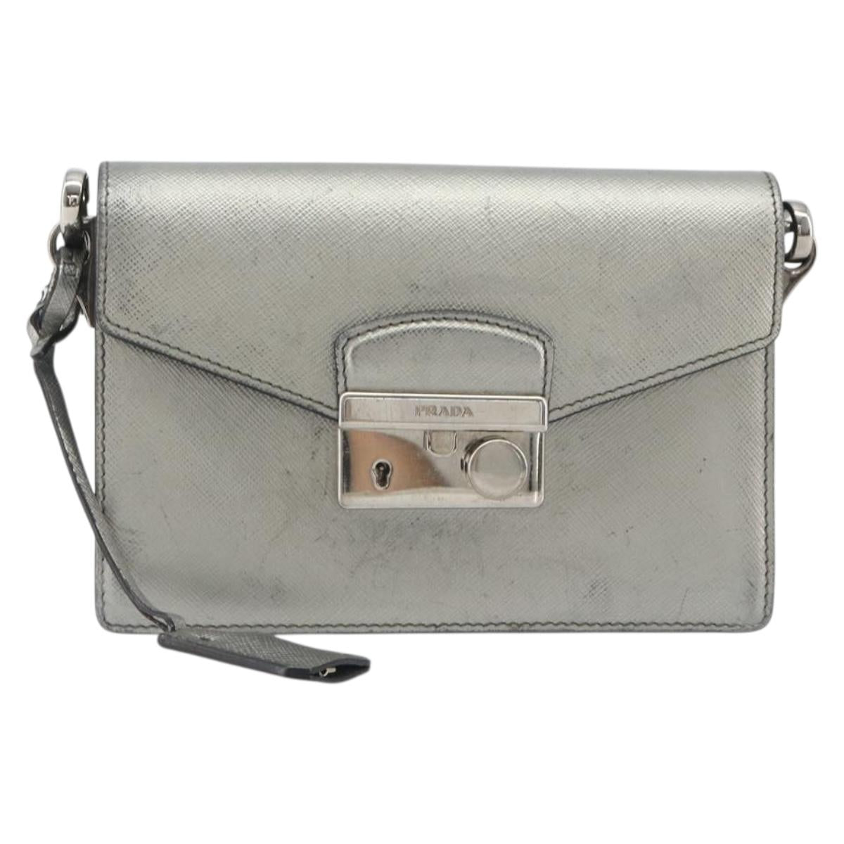 PRADA Shoulder Bag Saffiano leather Silver Auth bs36601