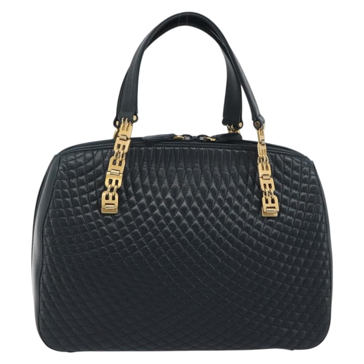 BALLY Hand Bag Leather Navy Gold Auth bs36607