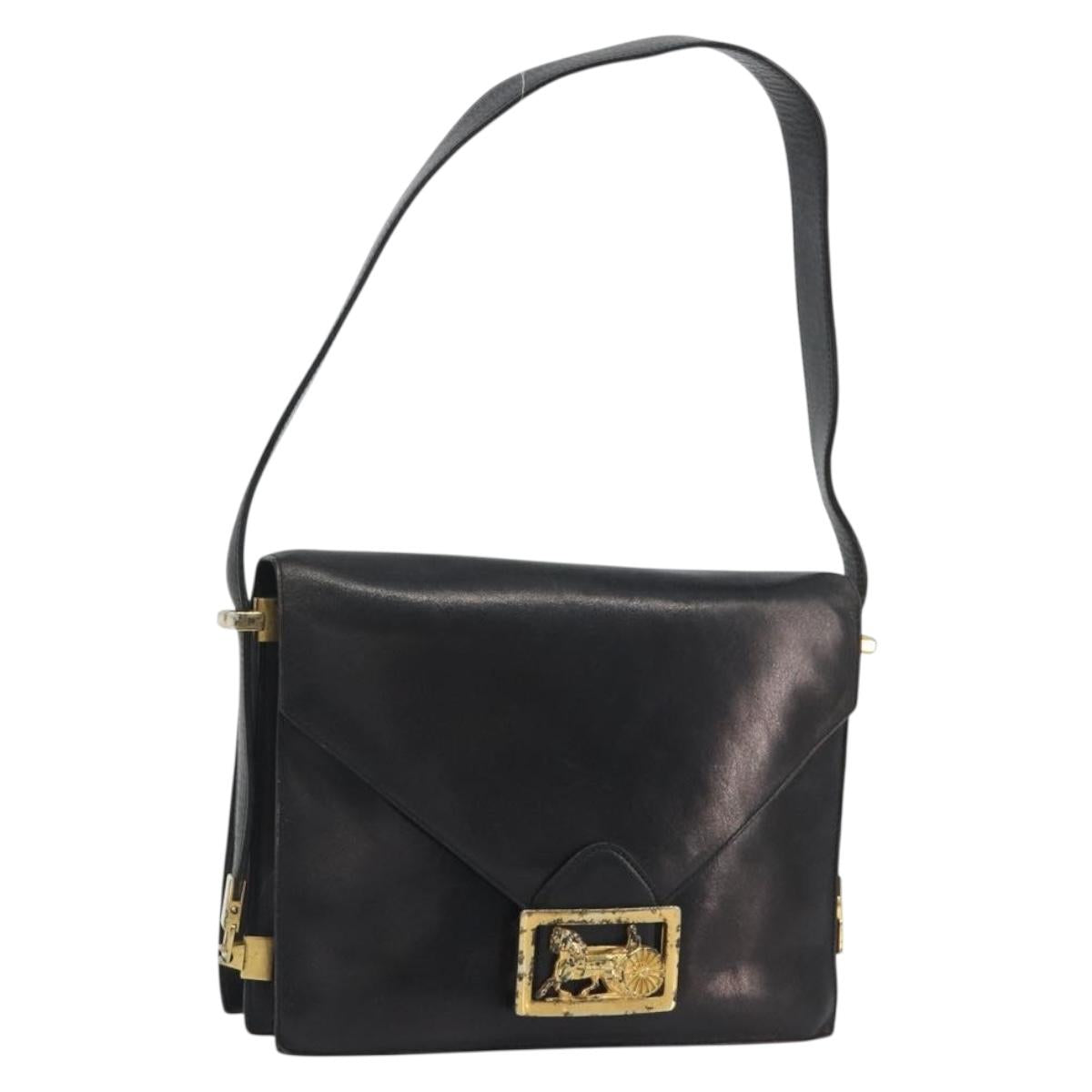 CELINE Shoulder Bag Leather Black Gold Auth bs36609
