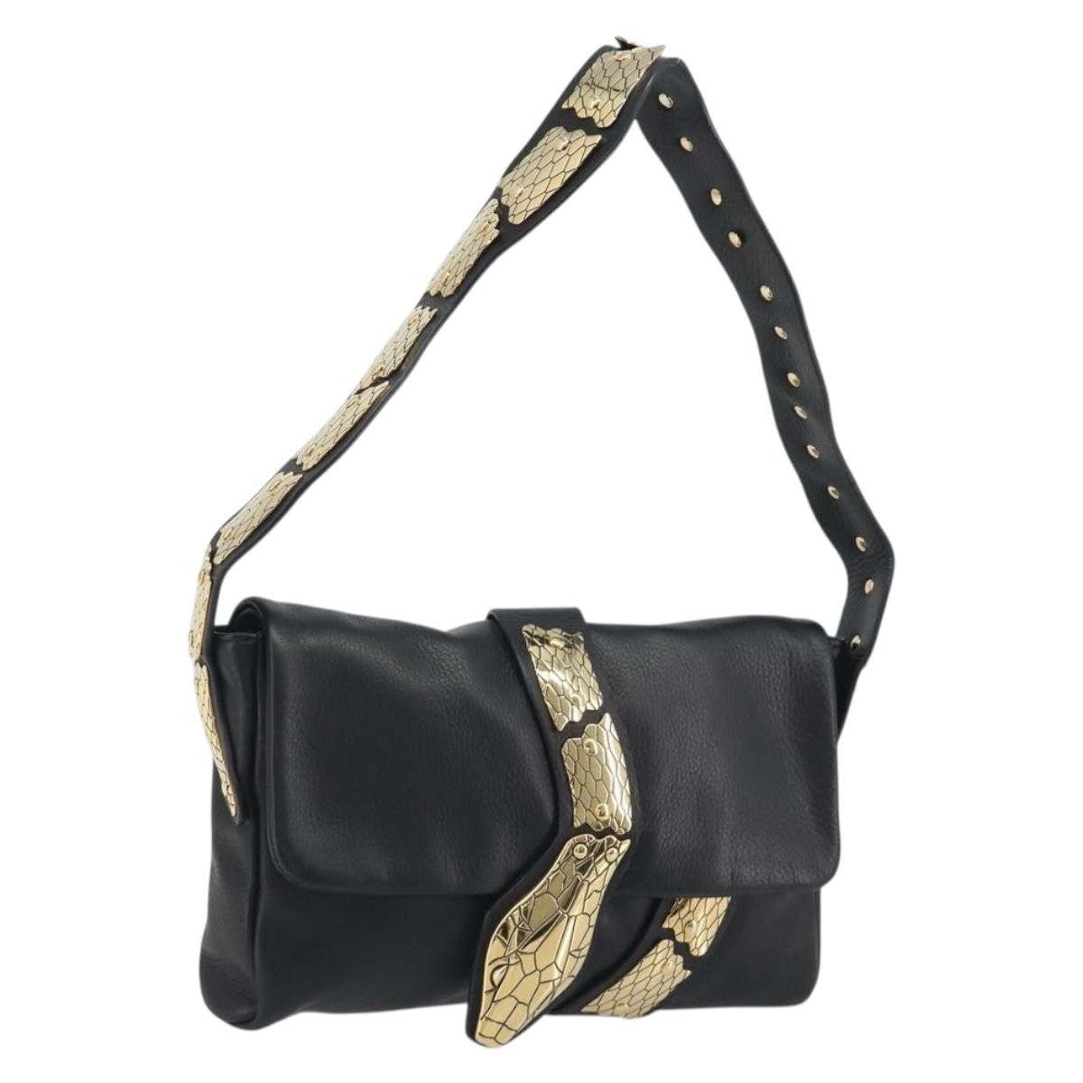 VALENTINO Shoulder Bag Leather Black Gold Auth bs36611V