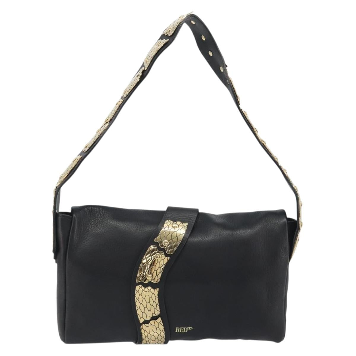 VALENTINO Shoulder Bag Leather Black Gold Auth bs36611V
