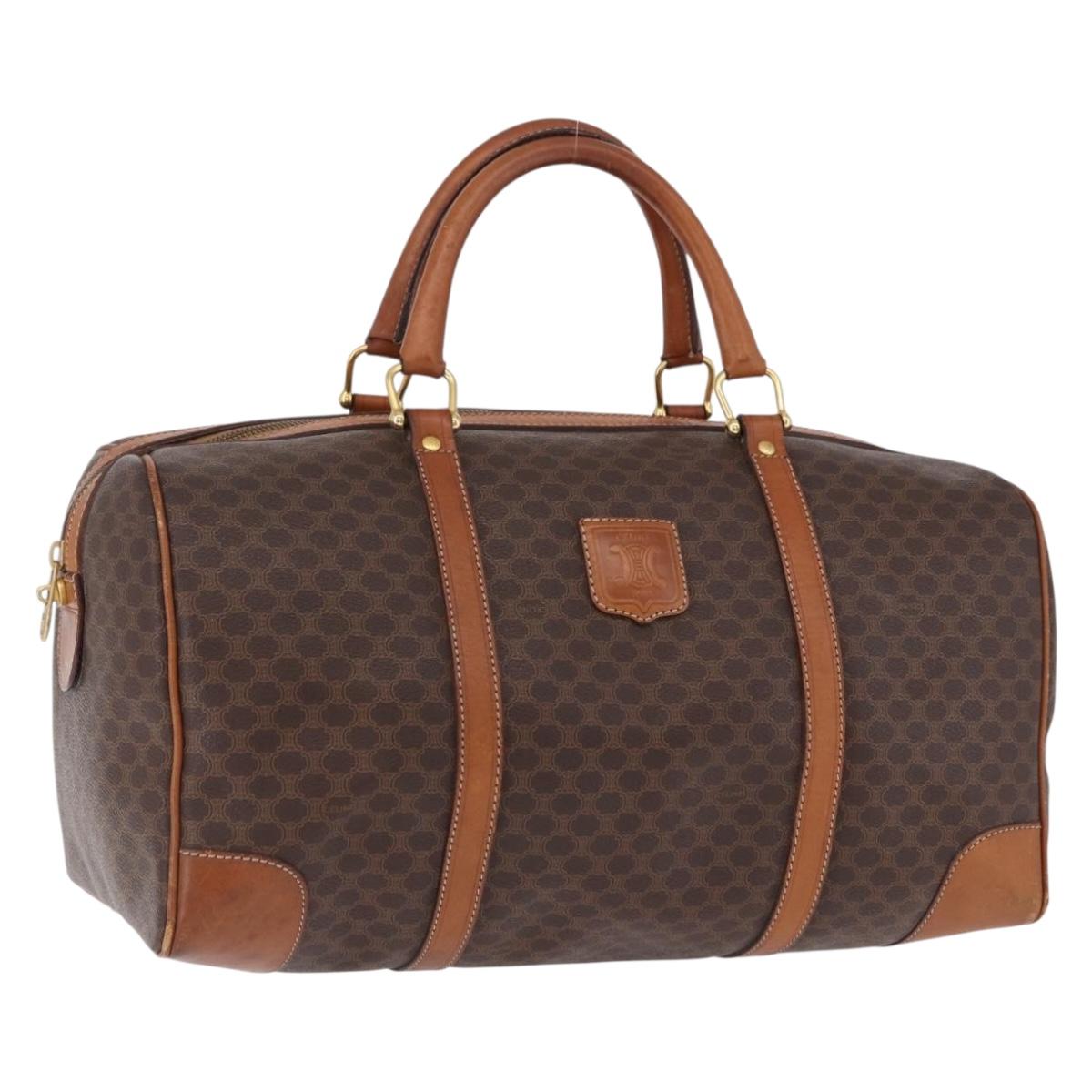 CELINE Macadam Canvas Boston Bag PVC Leather Brown Gold Auth bs36612