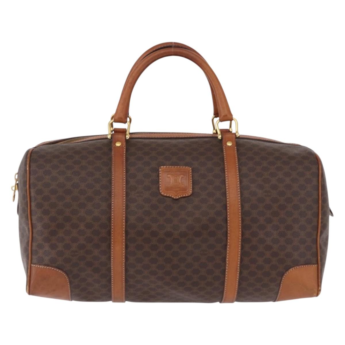 CELINE Macadam Canvas Boston Bag PVC Leather Brown Gold Auth bs36612
