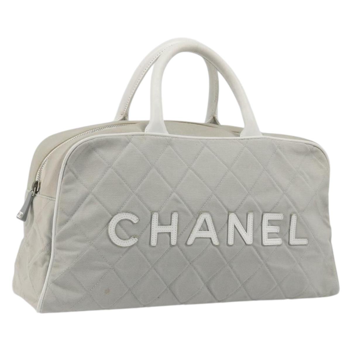 CHANEL Sports Line Matelasse Boston Bag Canvas Gray Silver CC Auth bs36613
