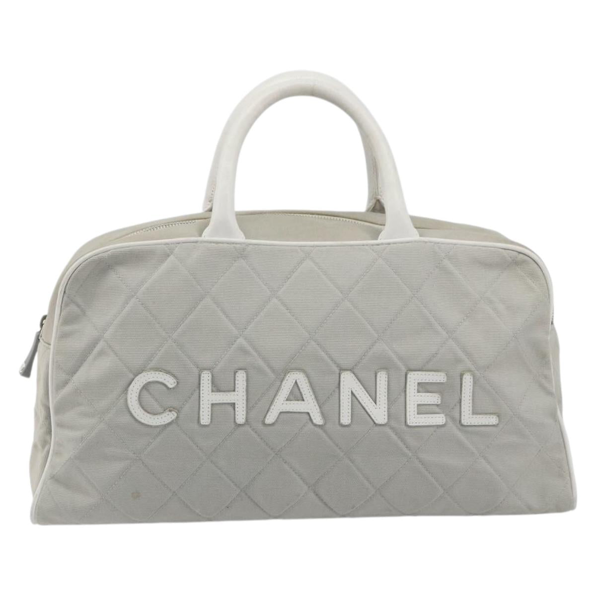 CHANEL Sports Line Matelasse Boston Bag Canvas Gray Silver CC Auth bs36613