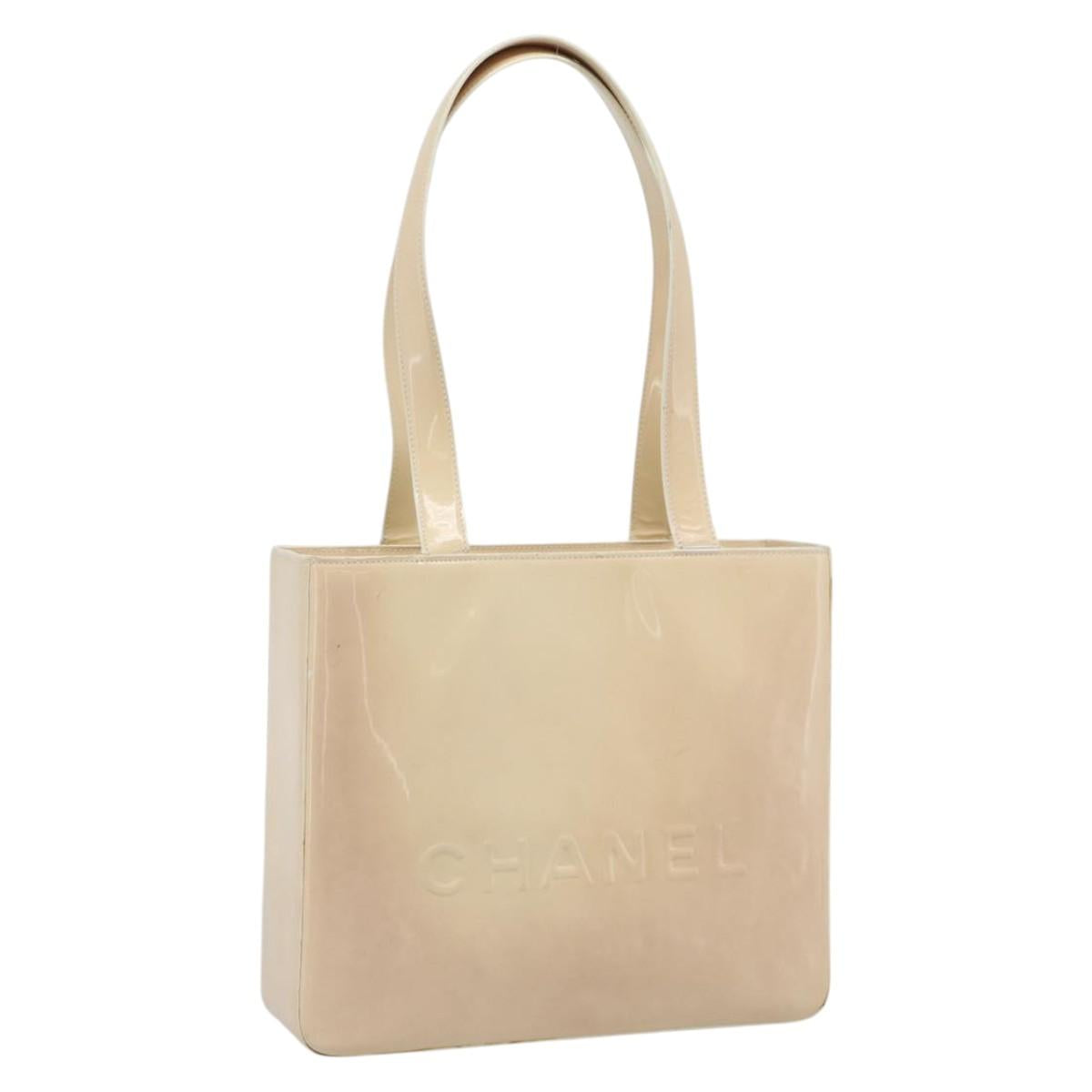 CHANEL Tote Bag Patent leather Ivory Gold CC Auth bs36616