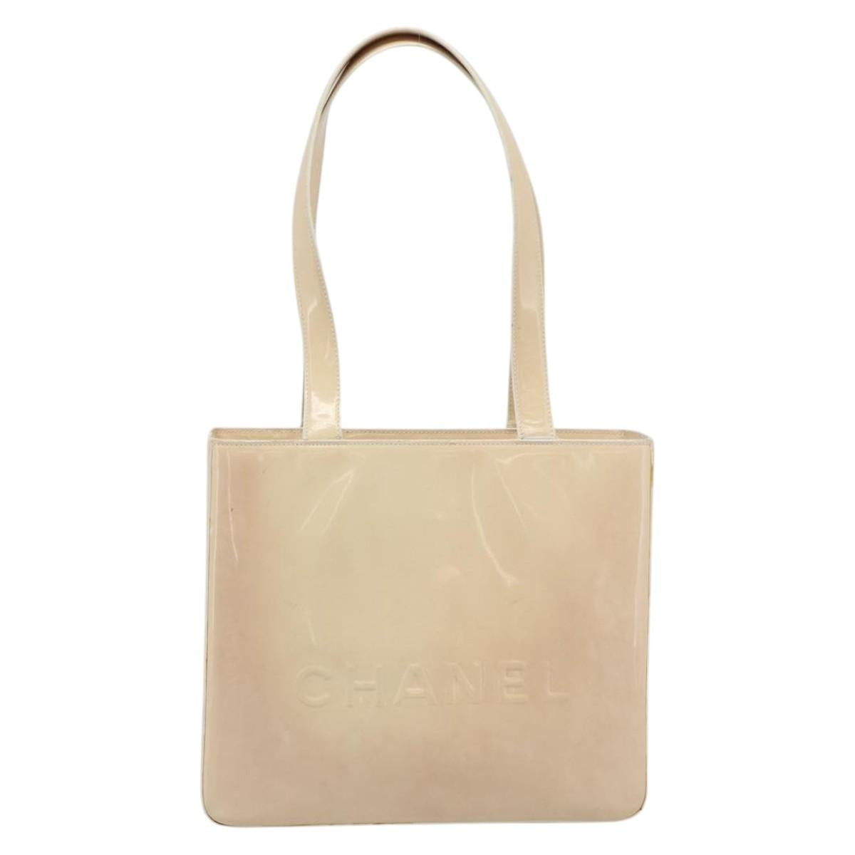 CHANEL Tote Bag Patent leather Ivory Gold CC Auth bs36616