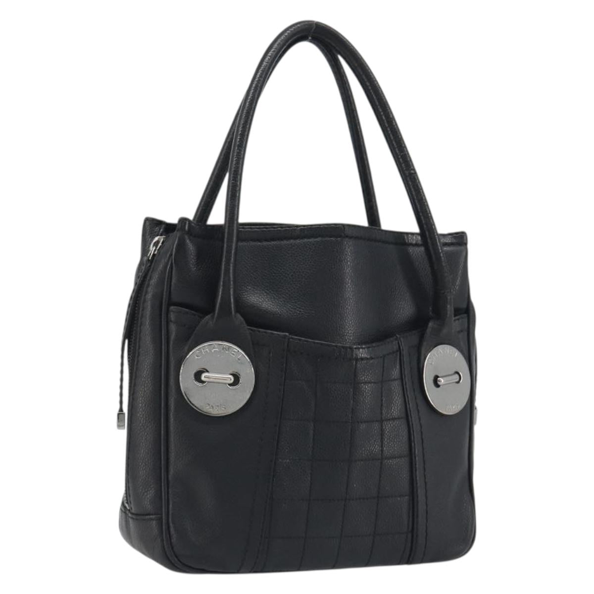 CHANEL Choco Bar Line Hand Bag Leather Black Silver CC Auth bs36617